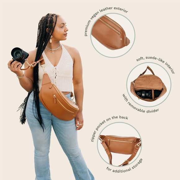 Stylish Vegan Leather Camera Sling Bag - Hands-Free & Compact Design, Brown - Picture 3 of 8
